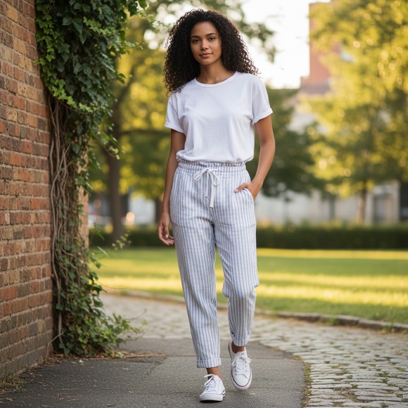 AMERICAN EAGLE | Womens Blue Striped Linen Blend Drawstring Pull On Pants size L - Picture 3 of 15